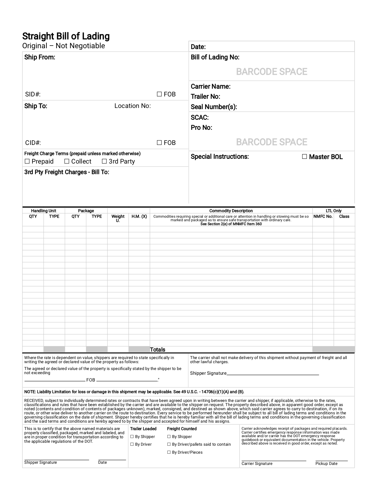 Straight Bill of Lading Printable Template