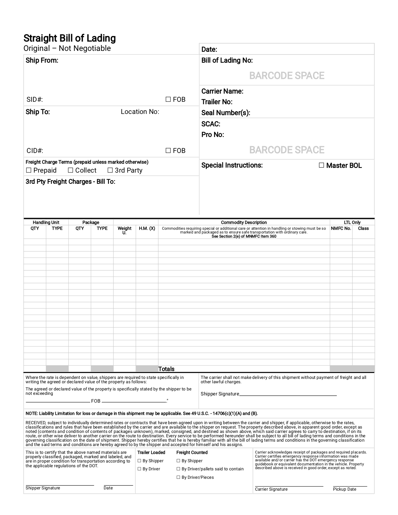 Printable Straight Bill Of Lading Template Templates Printable Download